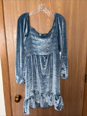 LC Lauren Conrad Steel Blue Velvet Long-Sleeve Smocked Babydoll Dress